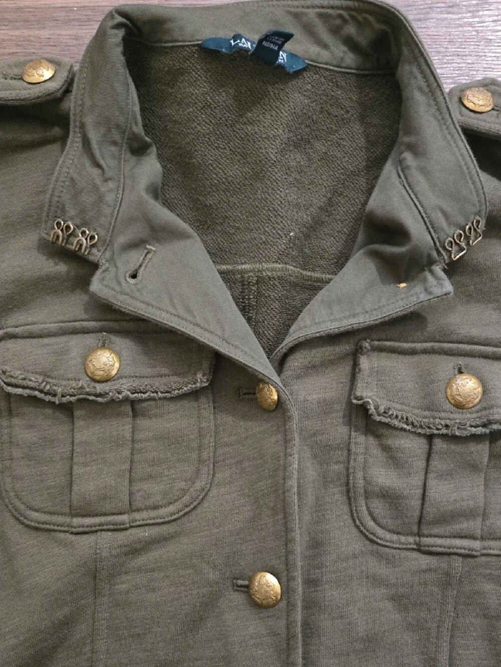 LRL Olive Green French Terry Cargo Utility Jacket Buttons S Military Style Layer